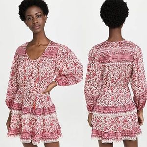 Alicia Bell Floral Beaded Tassel Tie VNeck Ruffle Ari Mini Dress Red Small